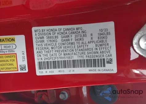 2024 Honda Civic Sport from USA, damaged, VIN 2HGFE2F57RH516831